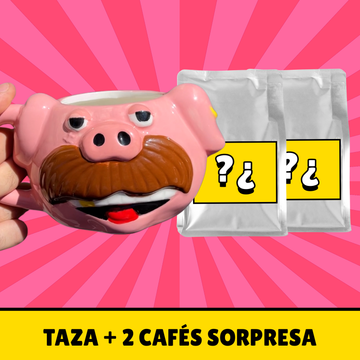 Pack "CERDO MISTERIOSO" con taza y dos cafés sorpresa
